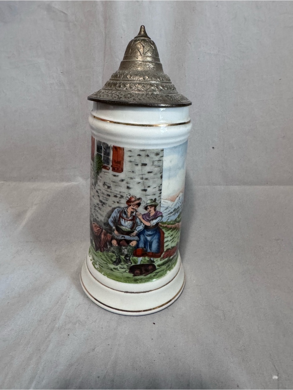 German Beer Stein lidded porcelain lithophane couple in alps Made in Japan
